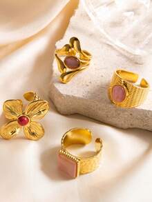 4pcs Fashionable French Style Stainless Steel Gold Rings Set With Floral Gemstone Elements, Suitable For Women's Daily Wear And Holiday Accessories, Summer Jewelry - Gold - View 3