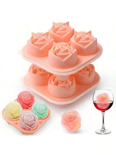 1pc 4-Grid Rose-Shaped Ice Mold - Multifunctional Chocolate, Jelly, Cocktail, Whiskey Tray , Rose Flower Ice Mold With Lid, Rubber Ice Tray, For RV Party, Kitchen, Refrigerator - Perfect For Bakery, Party, And Everyday Use, Valentine's Day Supplies﻿