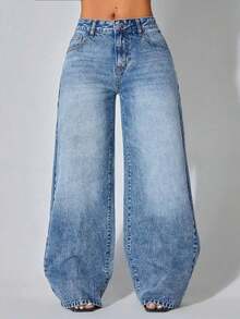 Low-Waist Wide-Leg Casual Blue Jeans With Slant Pockets, Summer Clothing Spring - 深色洗 - 查看 7