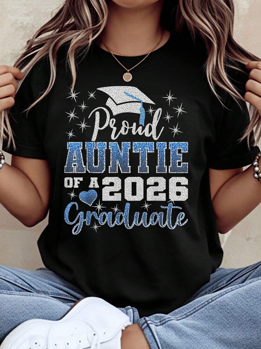 Proud Auntie Of A 2026 Graduate Graduation Shirt For Women Sparkle Design Grad Cap T-Shirt Celebration Gift For Family Member Graduation Day Party Wear,220g - 黑色 - 查看 1