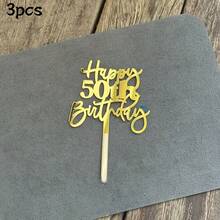 1个/3个/6个金色亚克力“18/21/30/40/50/60/70岁生日快乐”蛋糕装饰插牌套装，镜面金色蛋糕装饰插牌，适用于50/60岁生日派对甜点装饰 - 多色 - 查看 10