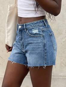 女士时尚休闲水洗浅色牛仔短裤 - 淺色水洗藍 - 查看 4