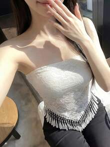 时尚流苏蕾丝抹胸吊带背心，夏季无肩带抹胸上衣，可叠穿或外穿 - 白色 - 查看 4