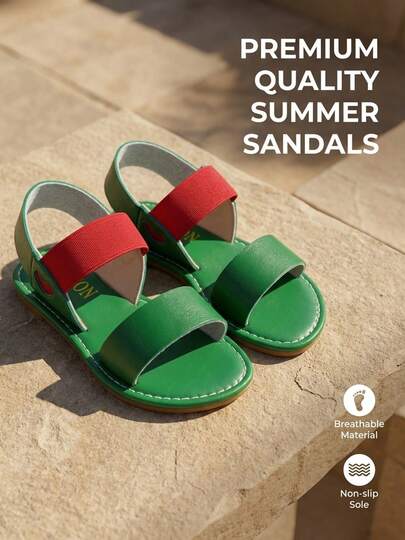 缺货 King 3-12岁儿童清新撞色弹力凉鞋 - 绿色仿皮 + 高弹红色松紧带 + 后系带 - 露趾平底设计 + 同色鞋底，白色醒目线条 - 清新活力复古风 - 适合日常上学/户外运动/短途旅行。春夏外套的完美之选！