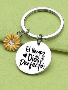 1pc Spanish Inspirational Quote "Time God Of Perfection" Letter Keychain, Engraved Motivational Gift For Colleagues, Teachers, Students - Flowers - View 1