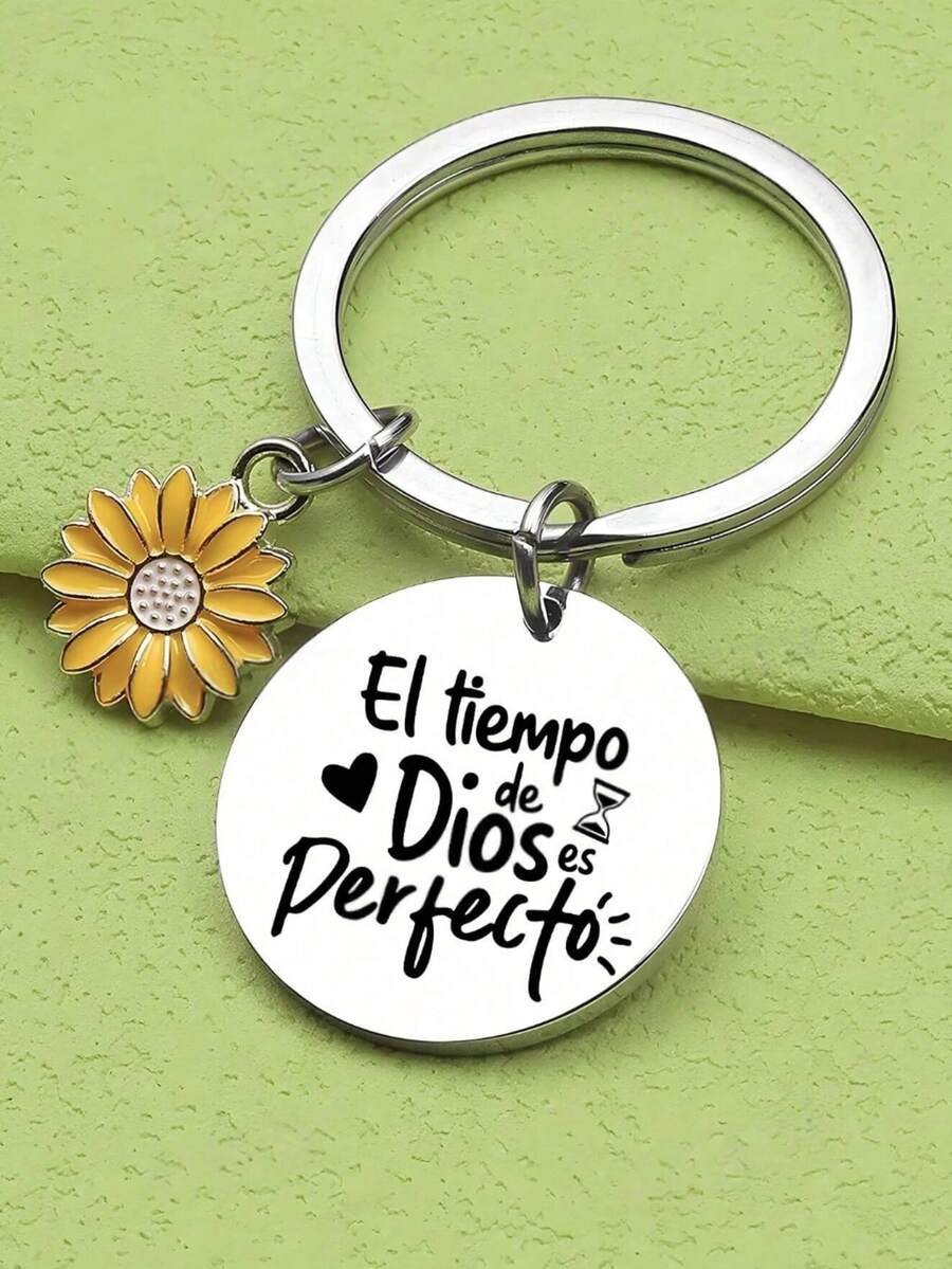 1pc Spanish Inspirational Quote "Time God Of Perfection" Letter Keychain, Engraved Motivational Gift For Colleagues, Teachers, Students - Flowers - View 1