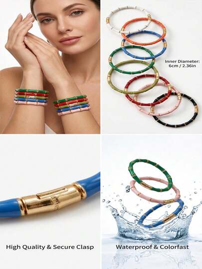 1 Piece 18K Gold Plated Stainless Steel Hinged Bangle Bracelet For Women, 8 Colors Available, Enamel Bamboo Shape Design, Tarnish Resistant Waterproof 60mm Inner Diameter, Minimalist Ins Style Daily Wear Party Birthday Jewelry Gift