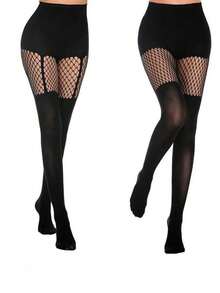 3 Pairs Sexy Hollow Dance Tights, Dense Mesh Stockings, Nightclub Queen Black Silk Sensual Fishnet Pantyhose - Multicolor - View 5