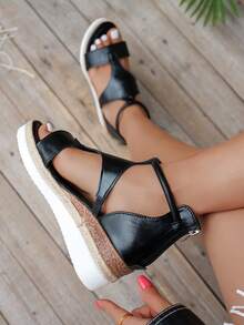 New Casual Hemp Rope Woven Wedge Platform Roman Sandals, Black Open Toe Hollow Out Holiday Sandals For Women - Black - View 5