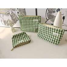 Nylon Checker Makeup Bag Set 3 with Compartment Cosmetic Toiletry Travel PouchPurse Accessory Organizer 3-Size Beige Green Plaid Canvas Lined - Juego de 3 compartimentos con cuadros verdes y beige - Ver 5