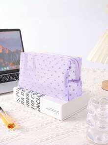 1 pieza Bolsa de maquillaje de red de nailon y poliéster con corazón púrpura, gran capacidad, transpirable, para almacenamiento de lápices labiales, bolsa de ducha liviana de malla con cremallera y asa, bolsa colgante portátil para almacenamiento de baño, que utiliza tecnología de secado rápido, bolsa de aseo portátil - Morado - Ver 9