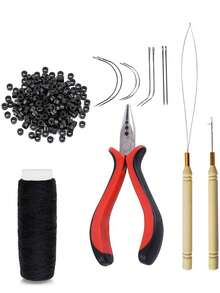 Hair Extension Tool Kit: 200pcs Silicone-Lined Micro Link Beads, 1pc 3-Hole Hair Clip, 1pc Sewing Thread, 1pc Threader, 1pc Pulling Hook, 8pcs Sewing Needles (Dark Brown/Black/Beige) Hair Extension Tools For Barber Salon Beauty Travel Essential,Hair Products, Home Sleeping Bath Decor Hair Styling Kit Hair Tool Kit,Summer,Holiday,Festival,Birthday - Black - View 8