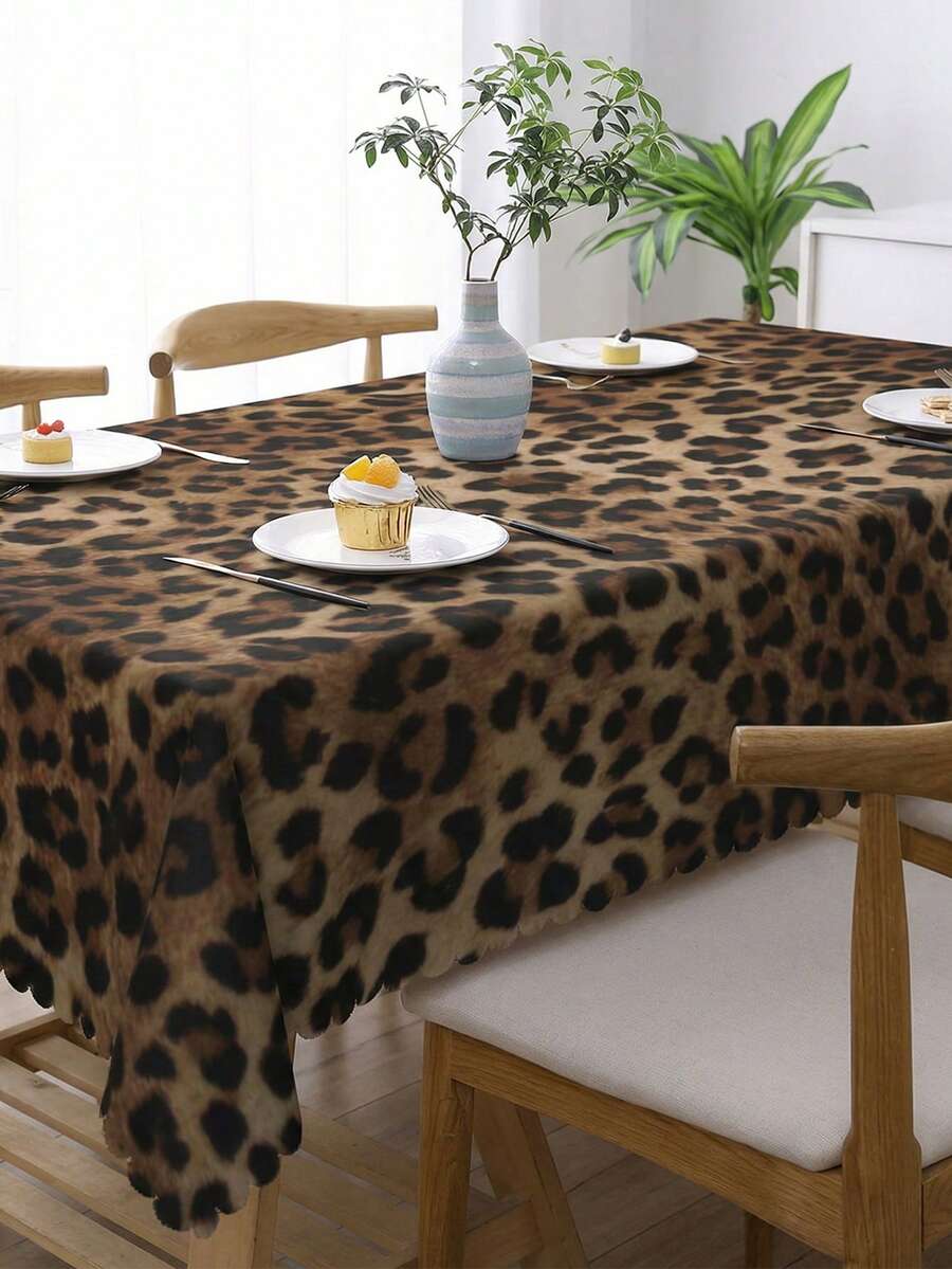 1pc Fashionable Leopard Print Tablecloth, Durable Polyester Table Cover With Ruffle Edges, Stain-Resistant Waterproof Washable Wrinkle-Free Table Protector, Suitable For Thanksgiving, Christmas, New Year Party, Weekend Brunch, Home Decor, Essential Dining Table, Kitchen, Wedding Decoration - Multicolor - View 1