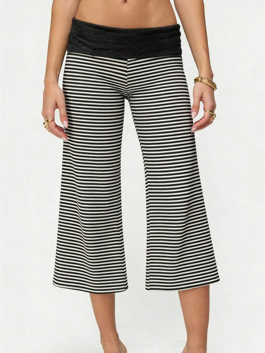 Women's Fold Over Waist Capri Fashionable Casual Solid Color Low Rise Wide Leg Crop Pants - 黑與白 - 查看 1