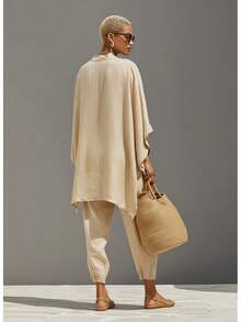 Ladies' Trousers Ensemble - New For Spring/Summer 2026, Featuring A Loose Batwing Sleeve And V-Neck, This Casual Set Is Stylish And Comfortable For Women - 杏色 - 查看 7