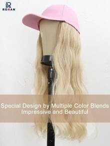 26英寸金色长卷发假发，配有粉色一体式棒球帽，耐热，适合日常佩戴 - 金色 - 查看 7