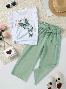 Girls Butterfly Print Short Sleeve Top And Bow Tie Long Pants Set - Green - View 1