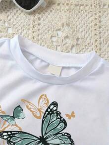 Girls Butterfly Print Short Sleeve Top And Bow Tie Long Pants Set - Green - View 5