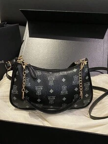 鳄鱼纹韩版女士手提包，新款时尚单肩包，简约新月形托特包，适合OL - 黑色 - 查看 10