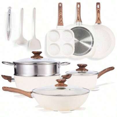 17Pcs Pots And Pans Set Non Stick, Cookware Sets White Granite Induction Cookware, Healthy Nonstick Kitchen Cooking Set With Frying Pan Set, Saucepans