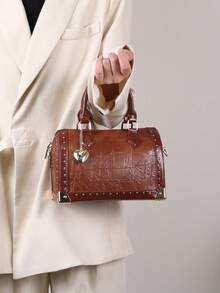 2025 New Fashionable High-End Women's Handbag, Large Capacity Boston Cushion Bag, Vintage Rivet Box Shoulder Bag, Versatile Personalized Street-Style Top Handle Satchel, Structured Box Bag - 彩色 - 查看 7