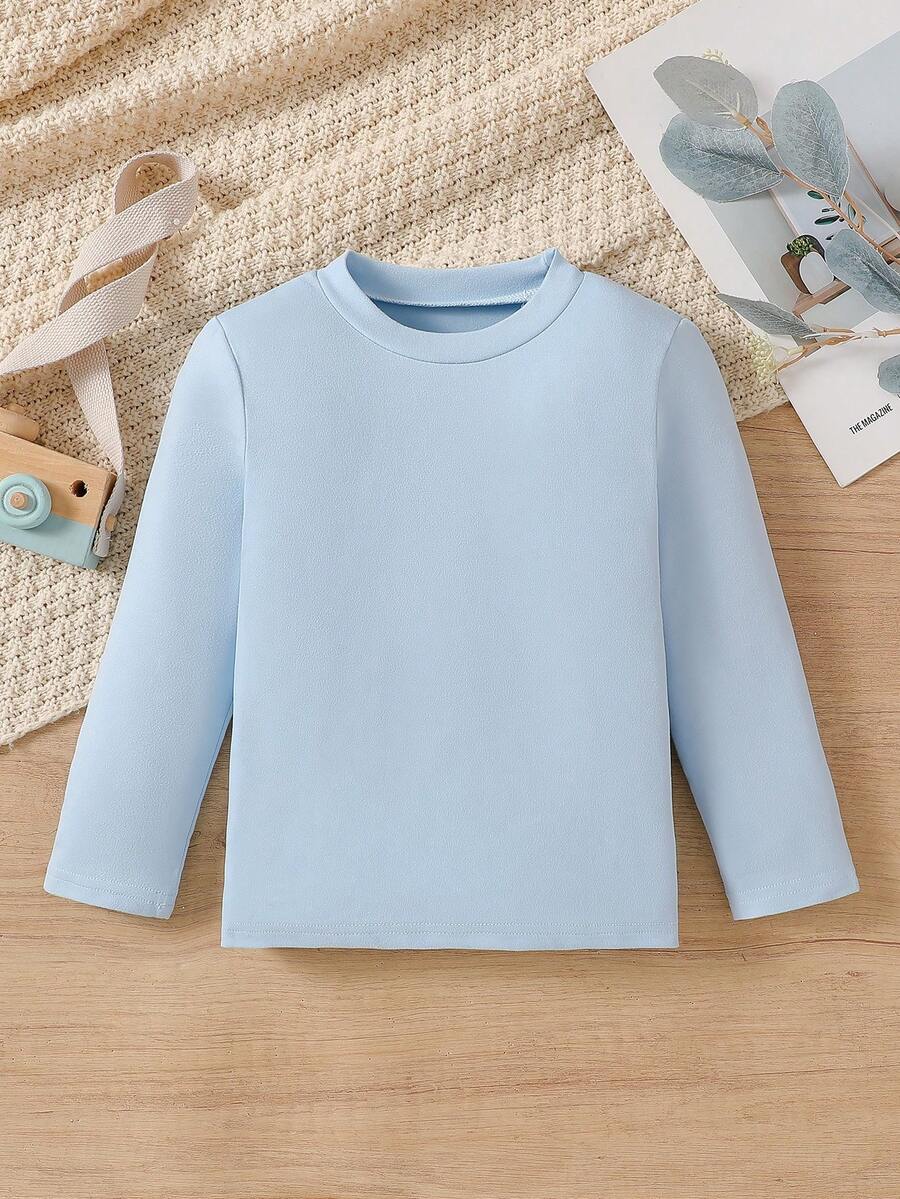 Camiseta interior de cuello redondo de unicolor y cálida para niños, camiseta de manga larga esencial para uso diario de niños pequeños - Celeste - Ver 1