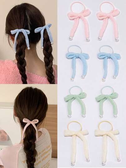 2pcs/Set Cute Dopamine Cream-Colored Yarn Pearl Bow Hair Scrunchies, Suitable For Daily Wear, Outings, School, Spring/Summer Travel, Photography, Festivals, Birthdays, Dances, Versatile And Elegant Hairstyle Accessories For Girls