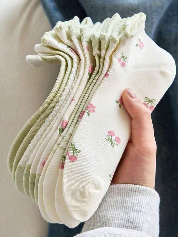 5 Paar japanischer Stil Ditsy Blumen Kurzsocken, frühlings-/sommerpastoraler atmungsaktiver und bequemer vielseitiger Bootsocken für Frauen