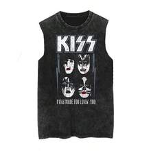 Men's Vintage Washed Black Sleeveless Tank Top - Retro Rock Band Face Mask Graphic Print With "I Was Made For Lovin' You" Text, Casual Loose Fit Cotton Blend Muscle Shirt, Streetwear Style Sleeveless Vest For Music Fans, Concerts, Summer, Gym, And Everyday Casual Wear - màu đen - Xem 8