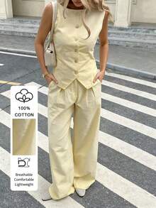 PoPoHouse 女士优雅纯棉两件套，无袖纽扣背心上衣搭配宽松阔腿裤，适合日常休闲商务办公通勤、夏季海滩度假外出穿着，黄色套装，女士款 - 黃色 - 查看 5