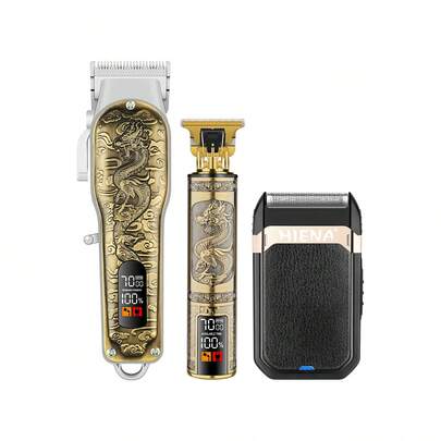 HIENA 无线专业龙纹雕刻理发器，带可调节刀头、T型刀片修剪器套装和数字显示屏