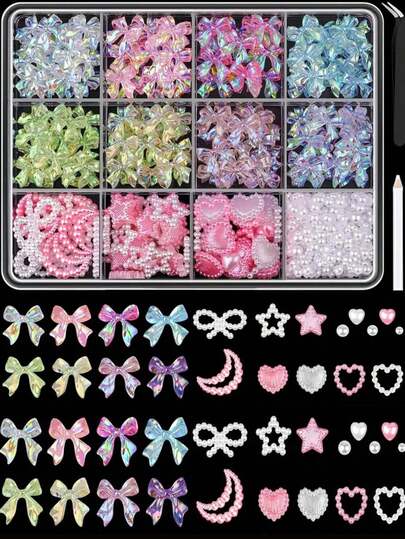 Approx 600Pcs Aurora Bow Nail Charms And Flatback Pearls Set, 12Grids 3D Shiny Cute Bow Charms Nail Jewels And 2-4mm White Nail Pearls For Nail Art DIY Decoration With Pickup Tools