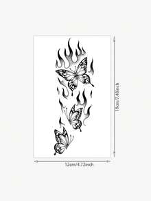 1张持久7-14天的草本临时纹身贴纸，哥特风格抽象火焰与蝴蝶图案，防水个性化酷炫纹身贴纸，适合人群使用 - 黑色 - 查看 2