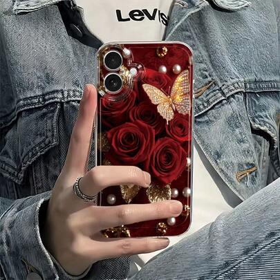 Funda de teléfono transparente de lujo con amortiguación de golpes, suave TPU, con lentejuelas, diamantes, rosa roja, mariposa de diamante, hoja dorada y perla, adecuada para iPhone 17, 16, 15, 14, 13, 12, 11 Pro Max, 16, 15, 14 Plus, 13, 12 Mini, X, XS Max, XR, 8, 7 Plus