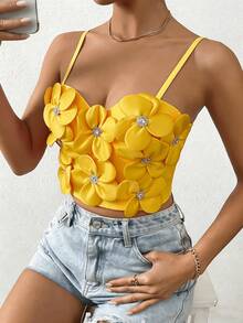 Women's 3D Handmade Fabric Flower Rhinestone Decor Camisole Bustier, Fitted Short Strapless Tank Top, Luxury Sweet Style, Suitable For Vacation, Photoshoot, Date, Evening Party, Versatile Wear, Shaping Top - Yellow - View 2