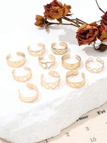 10 piezas Anillos para los dedos de los pies con diseño de estrellas y lunas, conjunto de joyas geométricas huecas ajustables en forma de 8 para la playa - Dorado - Ver 3