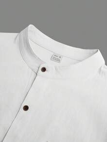 1 Conjunto de ropa básica holgada y ligera para hombre, camisa de manga larga con botones y cuello, color azul claro + pantalones rectos, para verano - Blanco - Ver 4