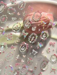 1pc 5D Crystal Diamond Nail Sticker, Pink Swan Flower Frame Butterfly Pattern, Self-Adhesive Nail Art Sticker, Cute DIY Decorative Accessory Nails Nail Stickers - Multicolor - View 2