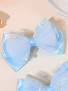 2pcs Blue Satin Mesh Pearl Bow Silk Hair Clip For Girls, Elegant & Cute Barrette Hairpin For Teen Girls, Suitable For Daily Wear, Holidays, Beach Photos, Back To School, Head Accessories, Girls Hair Accessories , Claw Clips(Random Pearl Placement) - Multicolor - View 4