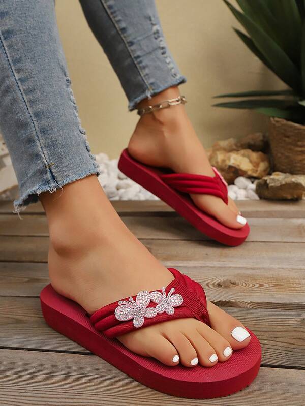 Sandalias de plataforma con flores de strass para mujer, cómodas y de moda para la playa, verano 2026
