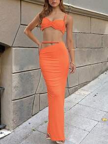 Women's Sexy Backless Camisole And Pleated Long Skirt Set, Summer Vacation Outfit - 橘色 - 查看 7