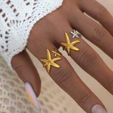 3pcs/Set 18K Gold Plated 304 Stainless Steel Starfish Rings, Fashionable Stackable Beach Style Rings Suitable For Women And Teen Girls - Multicolor - View 3