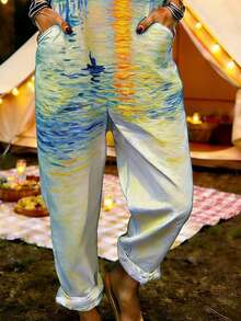 Oil Painting Landscape All-Over Print Women's Adjustable Strap Jumpsuit, Polyester Fiber Fabric, Lightweight And Breathable, Women's Clothing, Standard Size Jumpsuit, Plus Size Women's Clothing, Plus Size Jumpsuit And Romper, Plus Size Jumpsuit - 彩色 - 查看 2