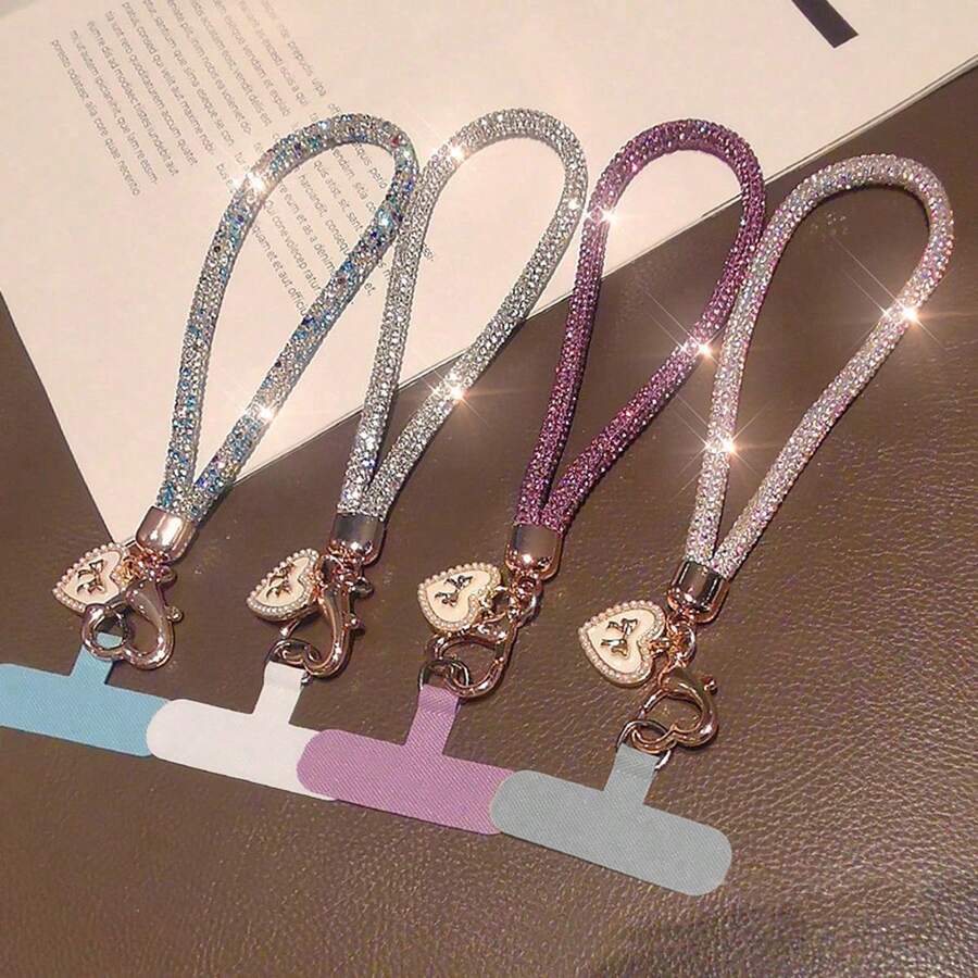 奢华闪亮单件装水钻手机挂绳,蝴蝶和爱心吊坠腕带,短款可拆卸手机链,户外旅行购物防丢腕带,带夹子,春季礼物,生日派对 - 彩色 - 查看 1