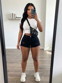 Women's High Waist Stretch Denim Shorts With Ripped & Frayed Hem Detail, Retro Sexy Design, Hot Girl Style Shorts - màu đen - Xem 3