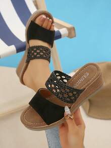 Damen neue Mode leichte & bequeme Keilsandalen, Sommer Strand Urlaub offene Zehenschuhe, geeignet für den täglichen Gebrauch, Urlaub, Party, Zuhause - Schwarz - Übersicht 3