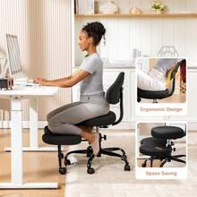 Silla de oficina con piernas cruzadas silla de computadora cruzada con TDAH asiento de yoga para meditación y rodillas con altura ajustable soporte lumbar reposapiés más ancho y ruedas - Blanco - Ver 4