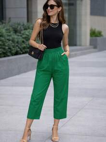 Pantalón dama mujer cintura elástica delgado y fresco para verano de moda casual unicolor - Verde - Ver 4