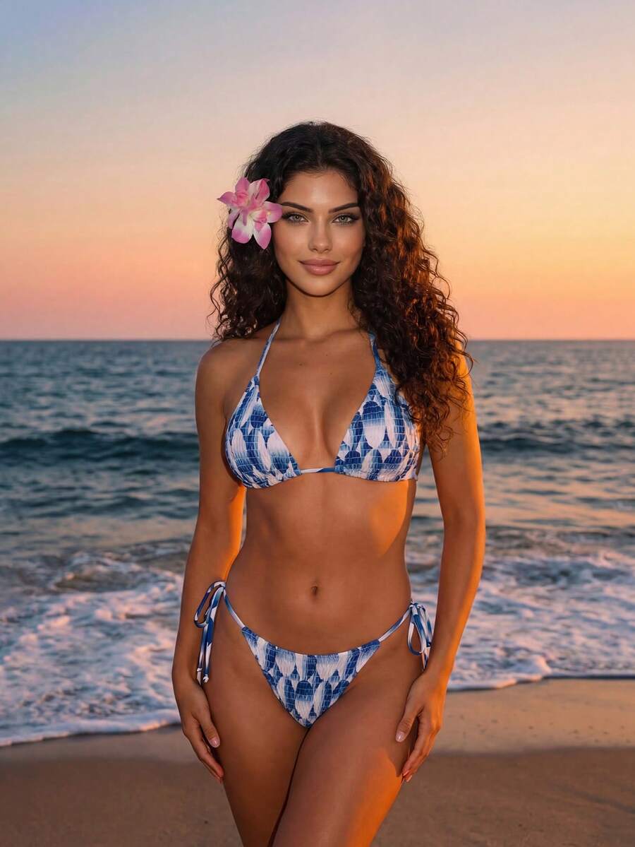 Bộ bikini mùa hè gợi cảm phiên bản giới hạn màu xanh dương và trắng - Áo tam giác có thể điều chỉnh + Quần cạp thấp buộc dây bên hông với họa tiết hình học và chi tiết xếp ly, kiểu dáng áo tắm đi nghỉ mát biển. - Màu xanh lam - Xem 1