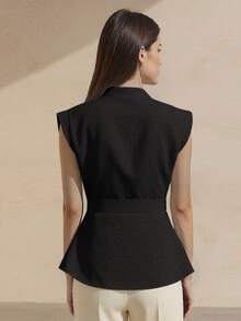 Amyenjoylife Modern Filipiniana Sleeveless Stand Collar Button-Up Peplum Top, Black - 黑色 - 查看 2